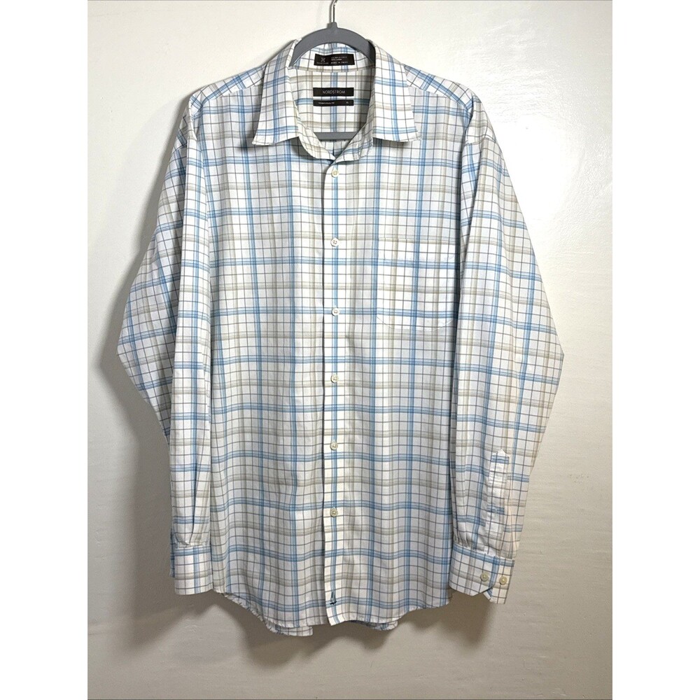 Nordstrom Men's Blue White Plaid Shirt Size XL Wrinkle Free Dress Button Up